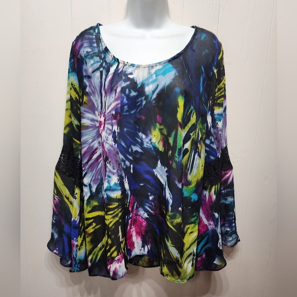 Cato Blouse XL Long Sleeve Sheer Lightweight Multicolor Casual Bell Sleeve B697 - Picture 2 of 8